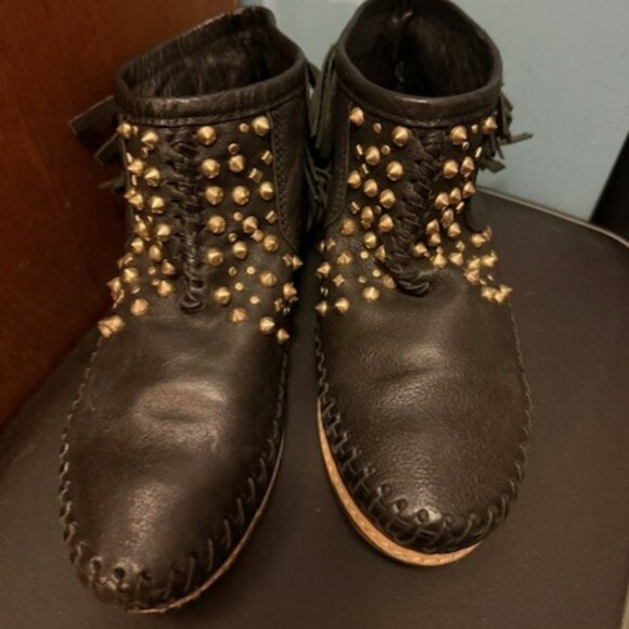 Vintage black leather studded fringe moccasins ankle booties - EU 37 - Picture 4 of 16